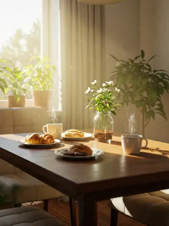 morgendliches Frühstück in einem Esszimmer voller
Zimmerpflanzen - Zum vergrößern klicken morgendliches Frühstück in einem Esszimmer voller
Zimmerpflanzen