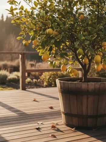 Pflanzkübel aus Robinienholz mit einem Zitronenbaum - Zum vergrößern klicken Zitronenbaum in einem Pflanzkübel